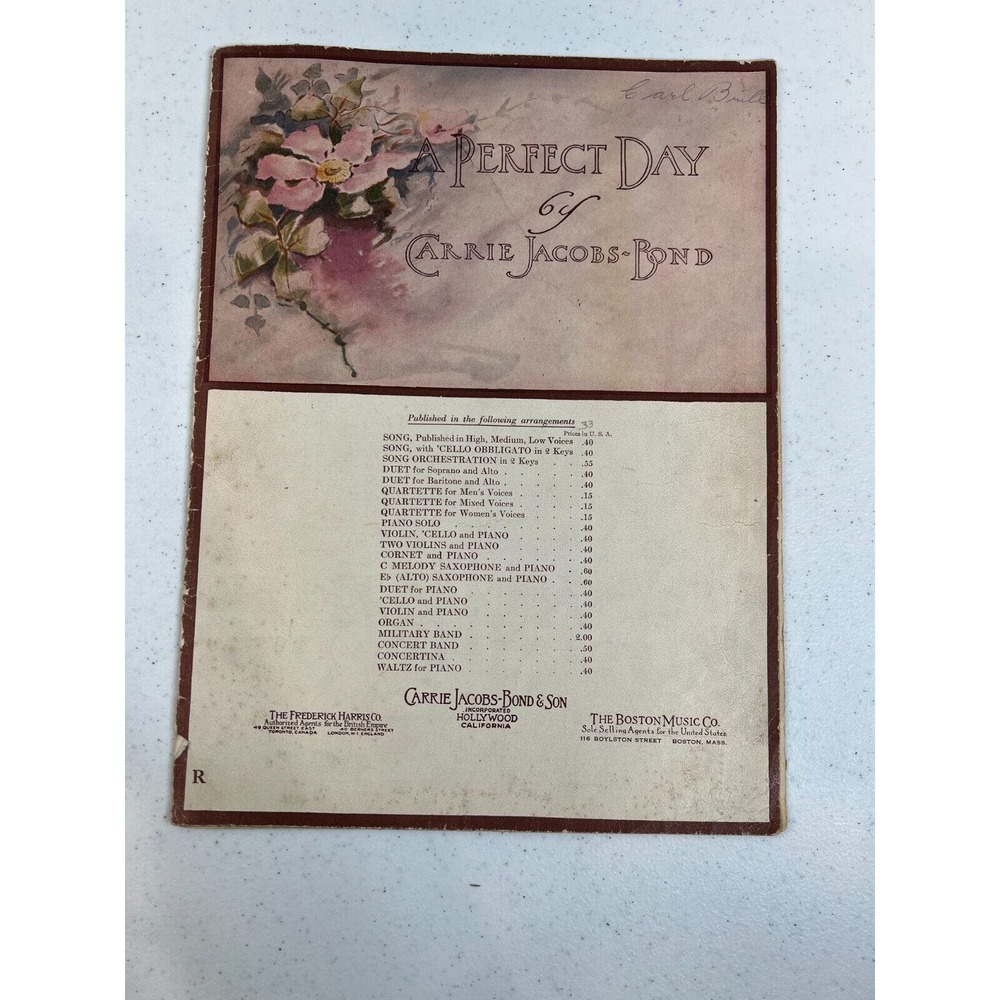 Vintage A Perfect Day Words and Music by Carrie Jacobs-Bond Sheet Music